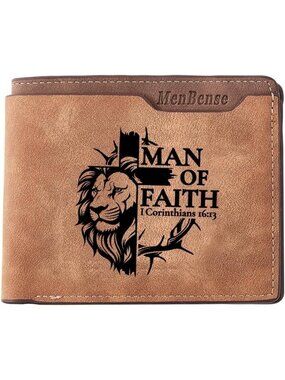 Men's Brown Lion Man Of Faith Window With Laser Multiple Card Slots Pu Wallet